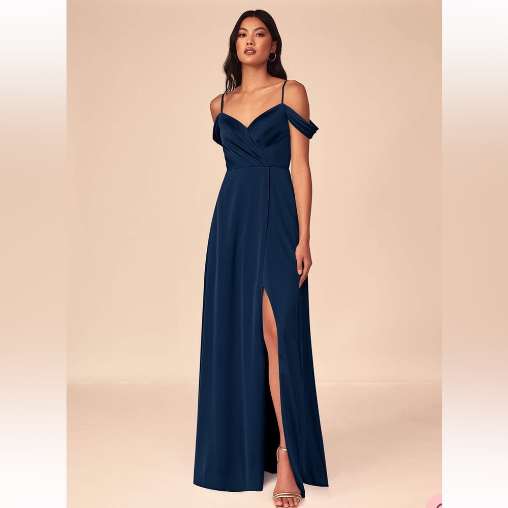 Azazie A-Line Pleated Stretch Satin Floor-Length Dress Dark Navy, Size A16